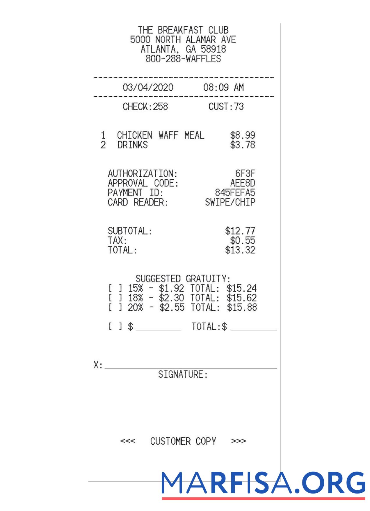 Blank THE BREAKFAST CLUB receipt real example